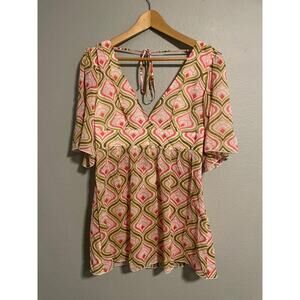 Trina Turk Womens Tunic Size 10 Silk Blend Chiffon Geometric Sheer Babydoll Boho
